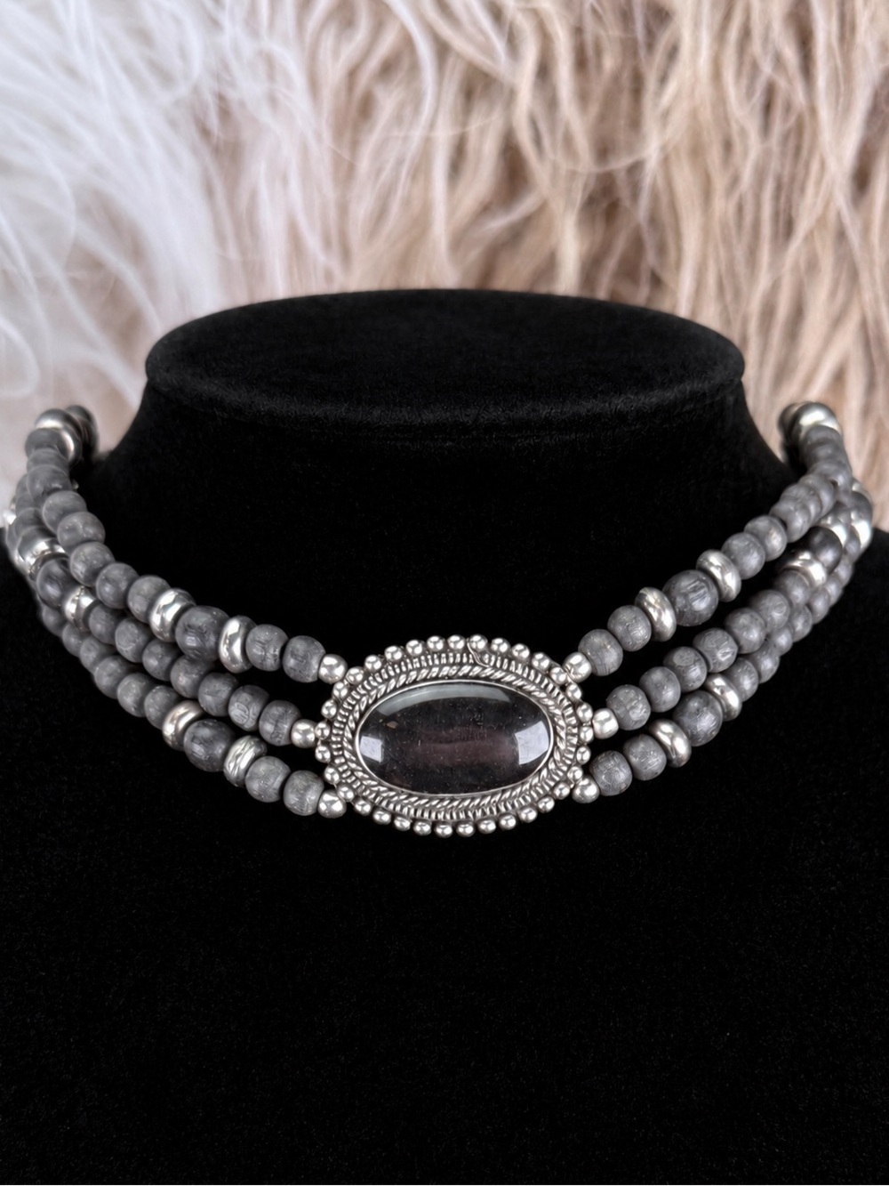 Black Beaded Triple Strand Silver Tone Oval Statement Choker Necklace